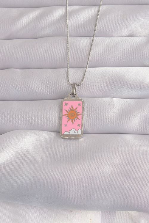 YRTCL 316L Çelik Gümüş Renk Pembe Mineli Güneş Model Tarot Kolye