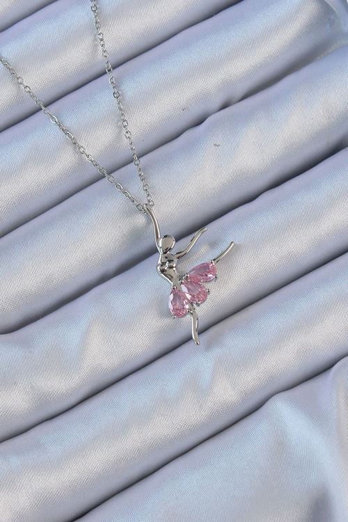 YRTCL 316L Çelik Zincir Gümüş Renk Pembe Zirkon Taşlı Balerin Kolye
