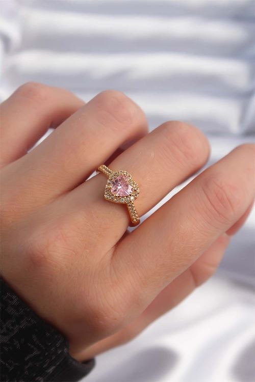YRTCL Pirinç Altın Renk Pembe Zirkon Taşlı Charm Model Ayarlanabilir Yüzük