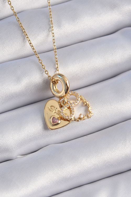 YRTCL 316L Çelik Gold Renk Zirkon Taşlı Sonsuzluk Kalp Figür Charm Model Kadın Kolye