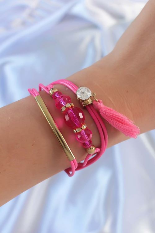 YRTCL Pembe Zirkon Taşlı İpli Püskül Detay Çoklu Bileklik