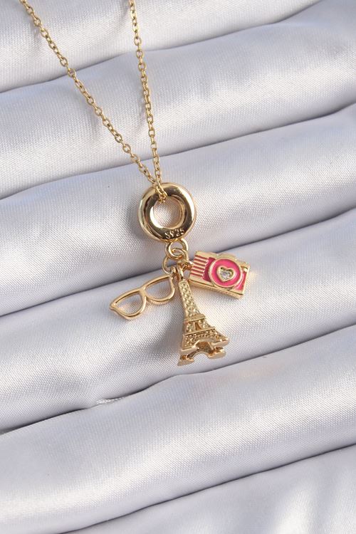 YRTCL 316L Çelik Gold Renk Eyfel Kulesi Fotoğraf Makinesi Figür Charm Model Kadın Kolye