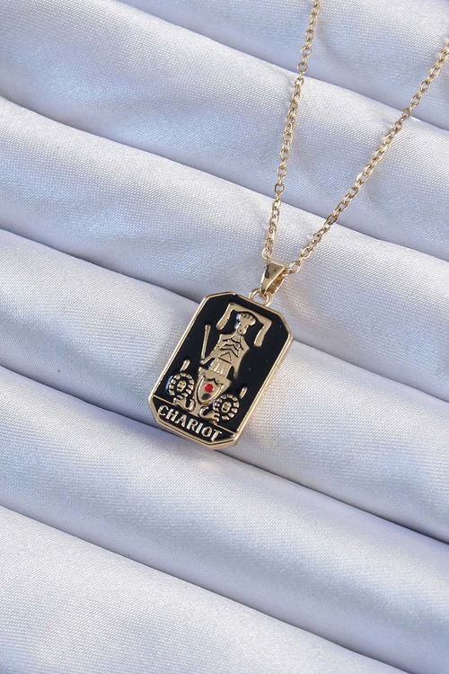 YRTCL 316L Çelik Zincir Altın Renk Siyah Mineli Tarot Kolye