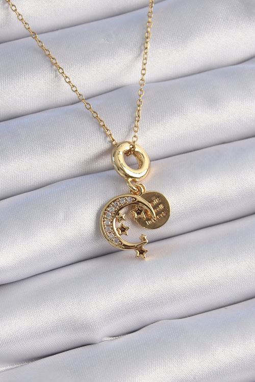 YRTCL 316L Çelik Gold Renk Zirkon Taşlı Ay Yıldız  Model Charm Model Kadın Kolye