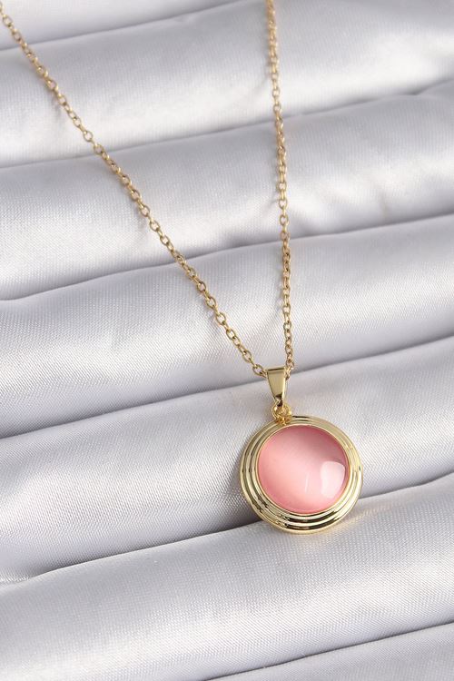 YRTCL 316L Çelik Gold Renk Pembe Sedefli Daire Model Kadın Kolye