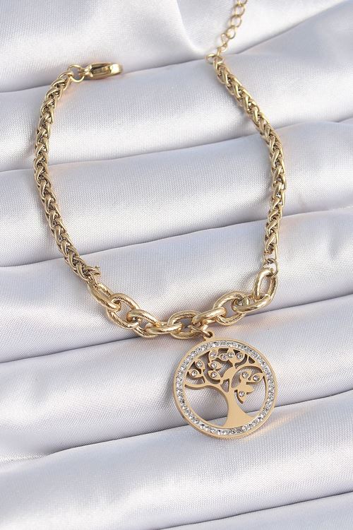 YRTCL 316L Çelik Gold Renk Zirkon Taşlı Yaşam Ağacı Figür Kadın Bileklik