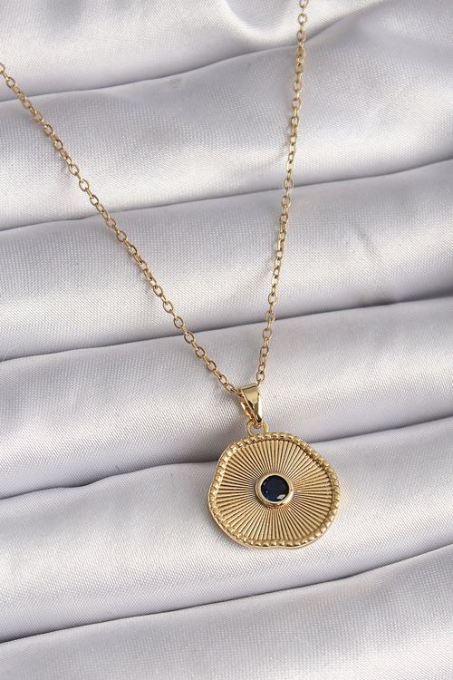 YRTCL 316L Çelik Gold Renk Zincir Siyah Zirkon Taş Madalyon Model Kadın Kolye