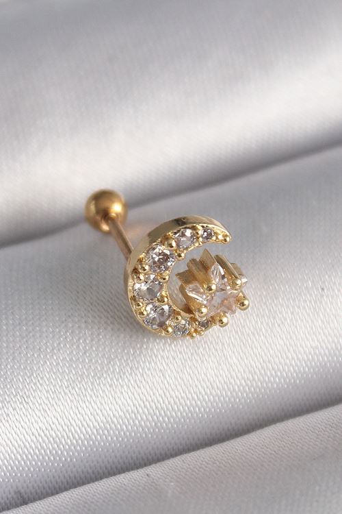 YRTCL 316L Çelik Gold Renk Zirkon Taşlı Ay Yıldız Tragus Piercing