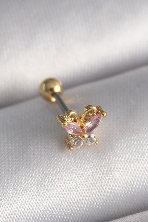 YRTCL 316L Çelik Gold Renk Pembe Zirkon Taşlı Kelebek Tragus Piercing