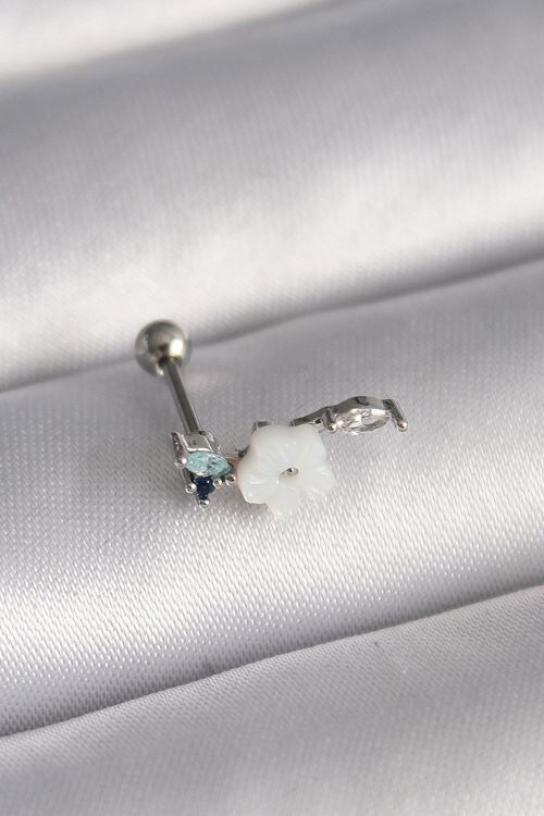 YRTCL 316L Çelik Gümüş Renk Zirkon Taş Detay Beyaz Çiçek Model Tragus Piercing