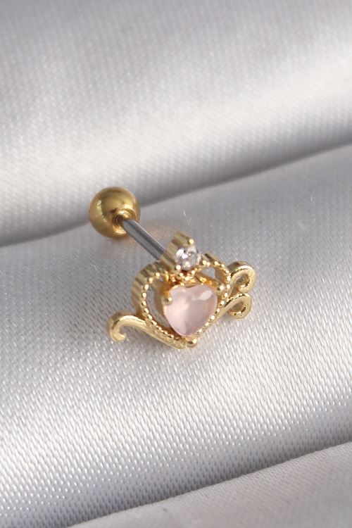 YRTCL 316L Çelik Gold Renk Pembe Mineli Kalp Zirkon Taş Detay Tragus Piercing