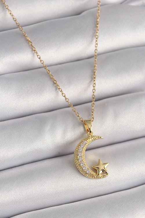 YRTCL 316L Çelik Gold Renk Zincir Zirkon Taşlı Hilal Model Yıldız Detay Kadın Kolye