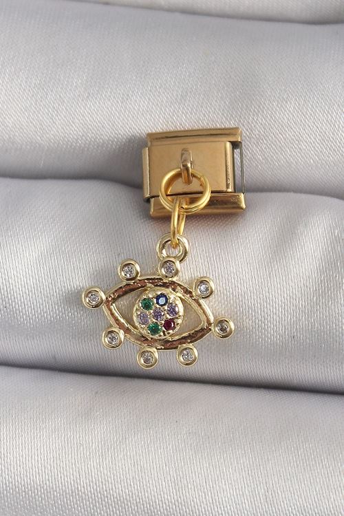 YRTCL 316L Çelik Gold Renk Sallantı Zirkon Taşlı Göz Model Nomination Charm