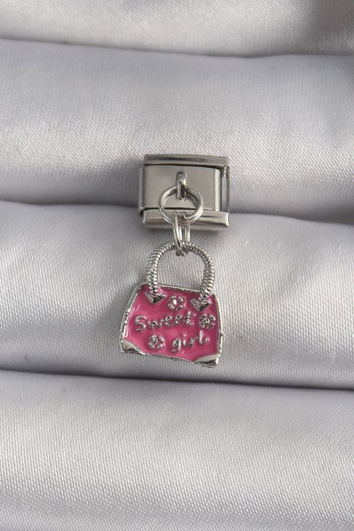 YRTCL 316L Çelik Gümüş Renk Sallantı Pembe Çanta Model Nomination Charm