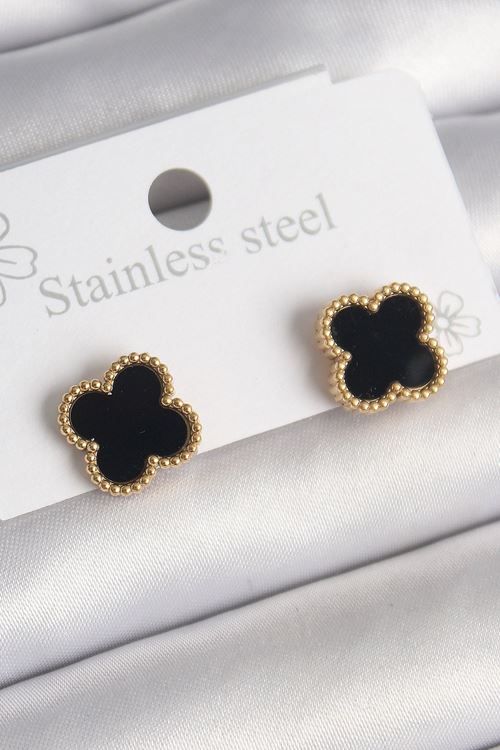 YRTCL 316L Çelik Gold Renk Siyah Yonca Model Kadın Küpe