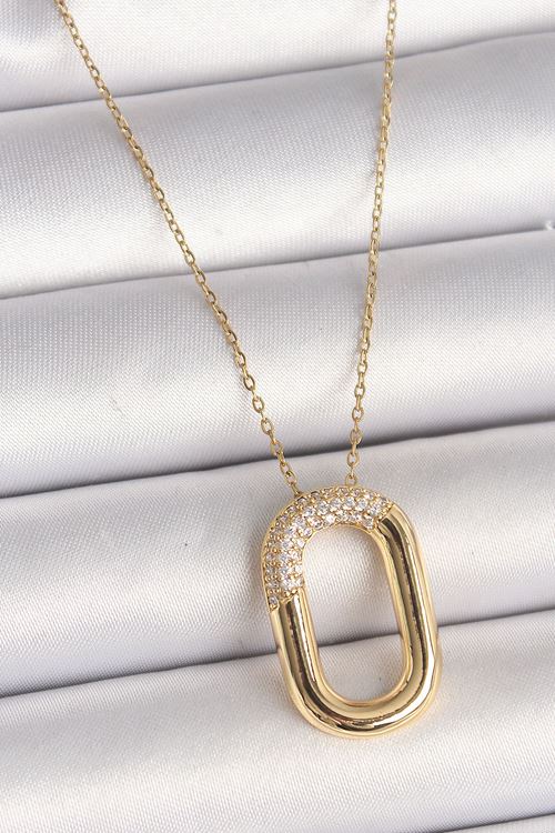 YRTCL 316L Çelik Gold Renk Zirkon Taşlı Oval Model Kadın Kolye