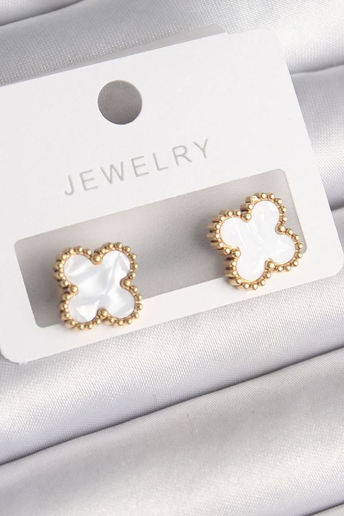 YRTCL 316L Çelik Gold Renk Beyaz Minelik Yonca Model Kadın Küpe