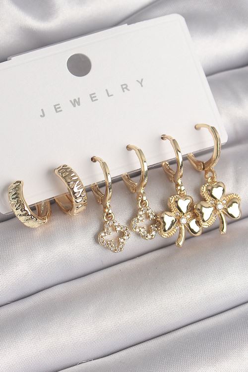YRTCL Pirinç Gold Renk Sallantı Zirkon Taşlı Yonca Model Kadın Küpe Seti