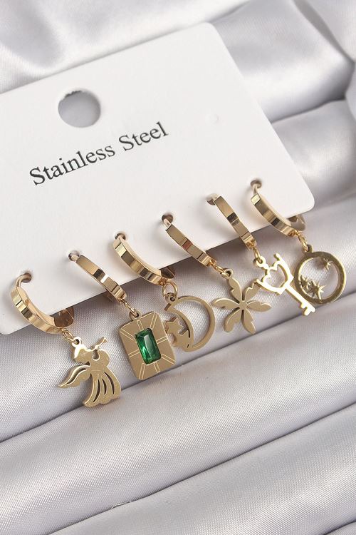 YRTCL 316L Çelik Gold Renk Sallantı Çoklu Figür Model Zirkon Taş Detaylı Kadın Küpe Seti