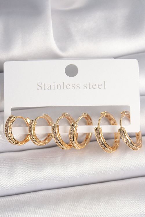 YRTCL Pirinç Gold Renk Zirkon Taşlı 3 Çift Daire Model Kadın Küpe