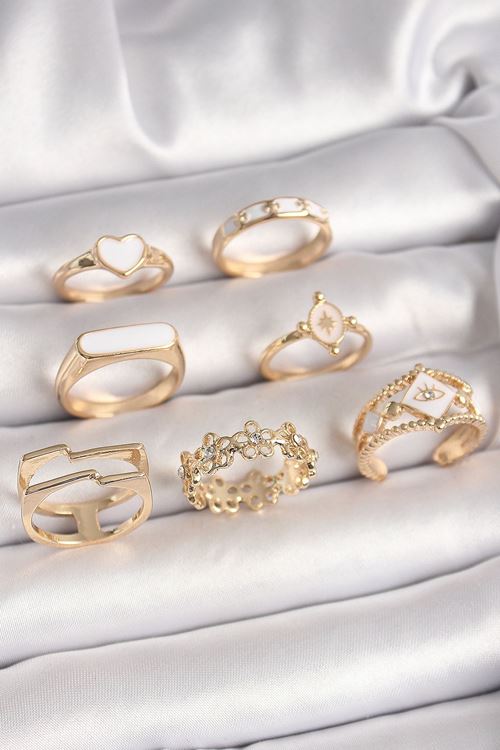 YRTCL Pirinç Gold Renk Beyaz Mineli Kalp Zirkon Taşlı Çiçek Detay Kadın Yüzük Kombini