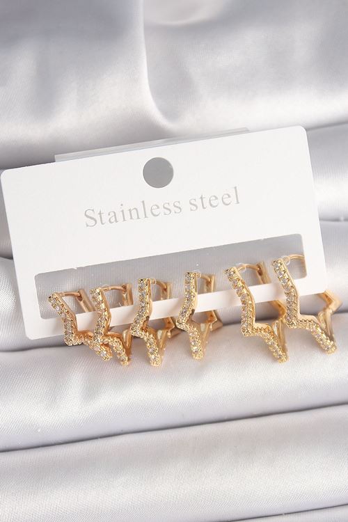 YRTCL Pirinç Gold Renk Zirkon Taşlı 3 Çift Yıldız Model Kadın Küpe