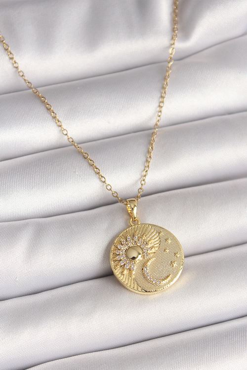 YRTCL 316L Çelik Gold Renk Zincir Zirkon Taşlı Ay Güneş İşlemeli Madalyon Model Kadın Kolye