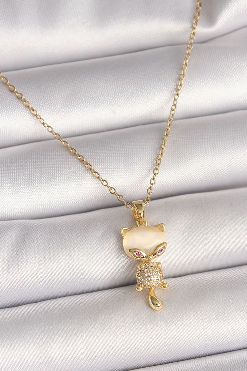 YRTCL 316L Çelik Gold Renk Zincir Zirkon Taşlı Kedi Model Kadın Kolye