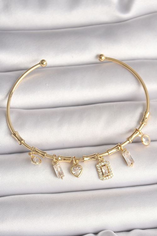YRTCL Pirinç Gold Renk Sallantı Zirkon Taşlı Kare Figür Kalp Detay Charm Kadın Bileklik