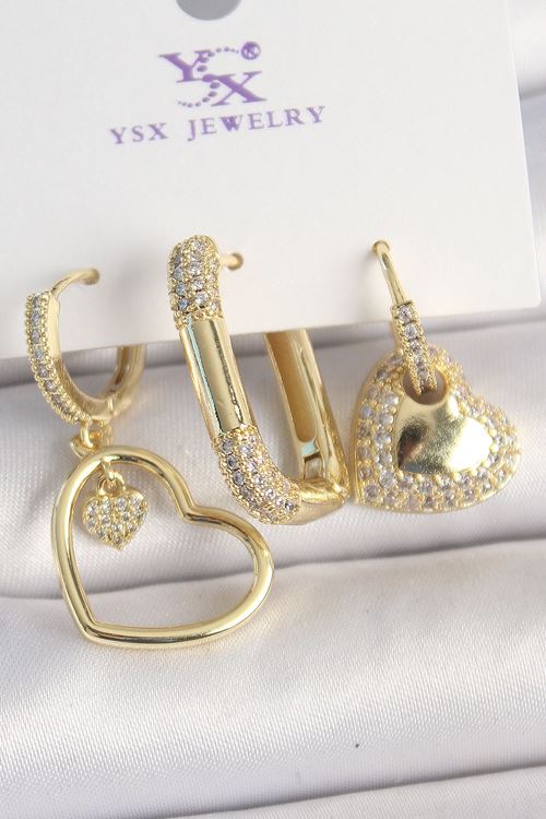 YRTCL Pirinç Gold Renk Zirkon Taşlı Sallantı Kalp Model 3'Lü Kadın Kombin Küpe