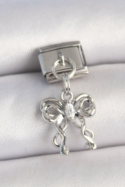 YRTCL 316L Çelik Gümüş Renk Zirkon Taşlı Kurdele Model Nomination Charm