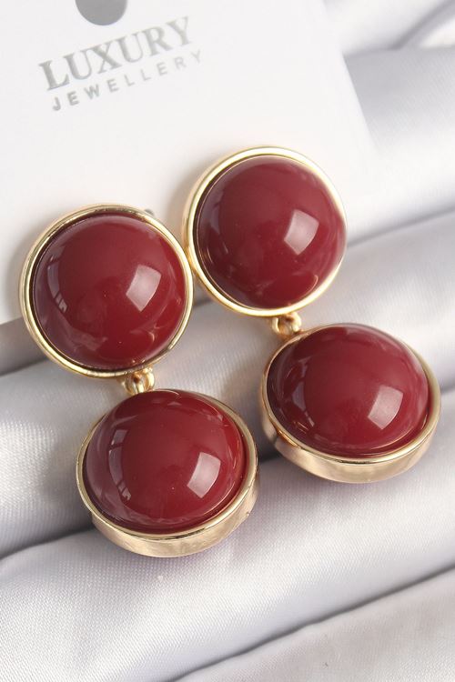 YRTCL Pirinç Gold Renk Sallantı Bordo Daire Model Kadın Küpe