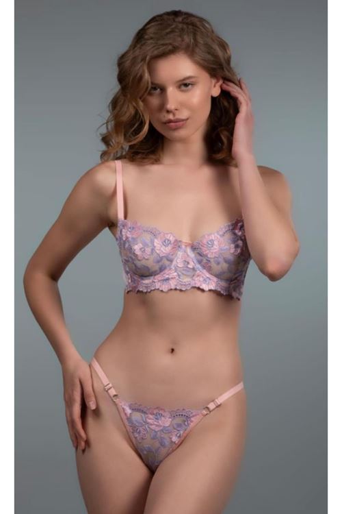 YRTCL Kadın Seksi Lila Çiçek Desen Transparan Balenli Bralet Sütyen Külot Takımı Fantezi İç Çamaşır Takım