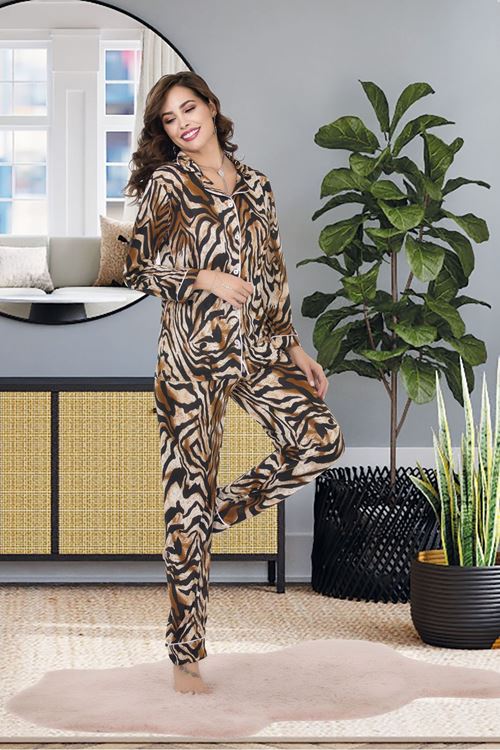YRTCL Kadın Seksi Leopar Desenli Düğmeli Alt Üst Gecelik Pijama Takımı Uzun Kollu Pijama Takım