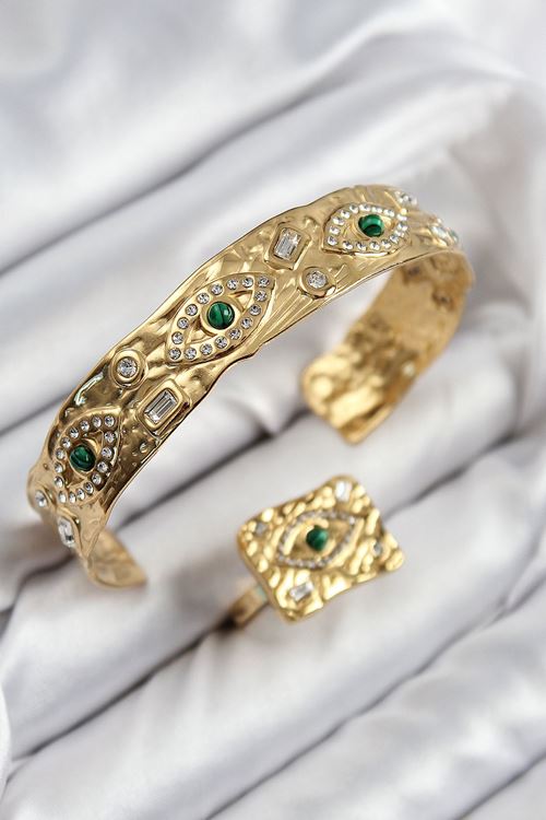 YRTCL Pirinç Zirkon Taşlı Göz Model Gold Renk Bileklik Yüzük Set