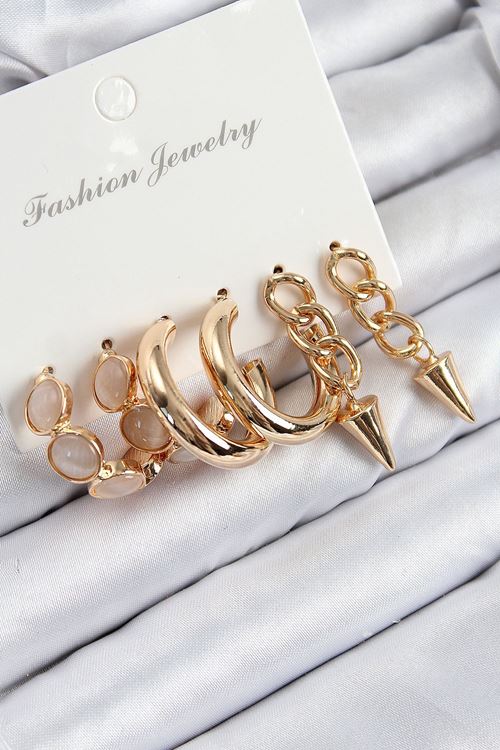 YRTCL Pirinç Halka Ve Zincir Model Gold Renk Kadın Set Küpe