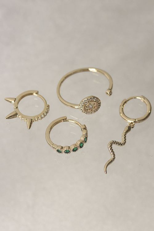 YRTCL Yeşil Zirkon Taş Detaylı Yılan Model Küpe ve Yüzük Seti