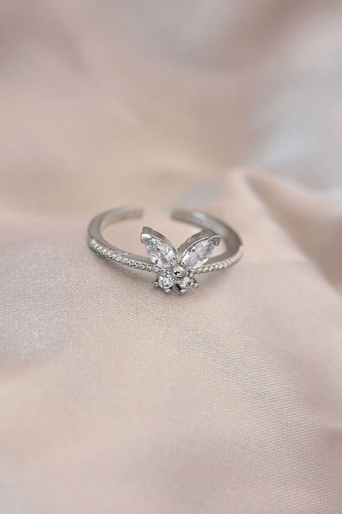 YRTCL Ayarlamalı Gümüş Renk Metal Zirkon Taş ve Kristal Taşlı Kelebek Model Yüzük