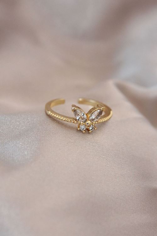 YRTCL Ayarlamalı Altın Renk Metal Zirkon Taş ve Kristal Taşlı Kelebek Model Yüzük