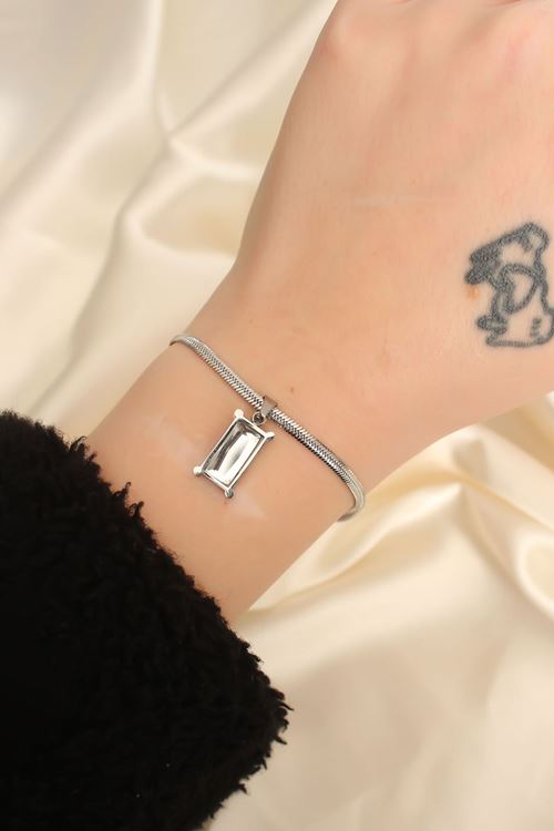 YRTCL Çelik Gümüş Renk Dikdörtgen Taşlı İtalyan Zincirli Bileklik