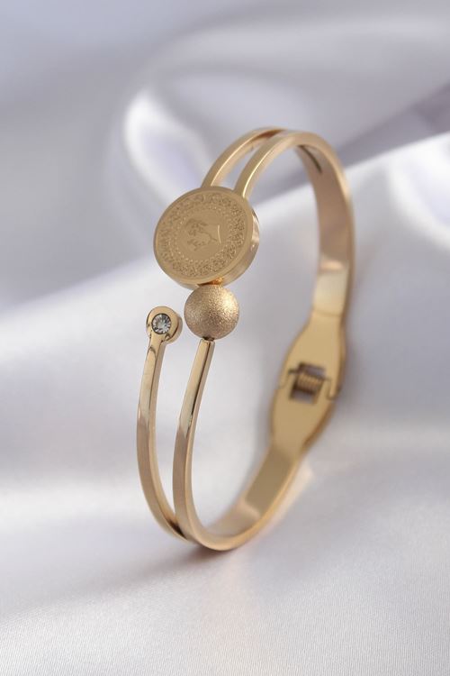 YRTCL 316L Çelik Gold Renk Çeyrek Altın Zirkon Taş Detay Kadın Kelepçe