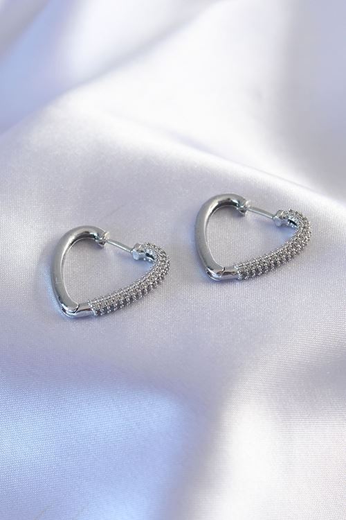 YRTCL Gümüş Renk Zirkon Taşlı Kalp Model Kadın Küpe