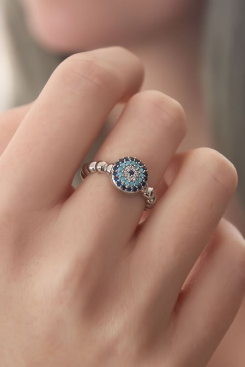 YRTCL Gümüş Renk Nazar Boncuk Figür Zirkon Taş Detay Kadın Yüzük