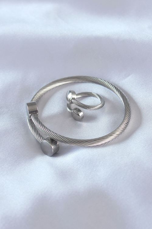 YRTCL Çelik Gümüş Renk Sıkı Burgu Model Erkek Bileklik Yüzük Seti