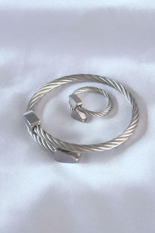 YRTCL Çelik Gümüş Renk Burgu Model Erkek Bileklik Yüzük Seti