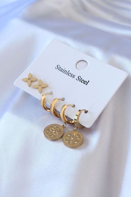 YRTCL 316L Çelik Gold Renk Zirkon Taş Detay Çiçek İşleme Kadın Küpe Seti