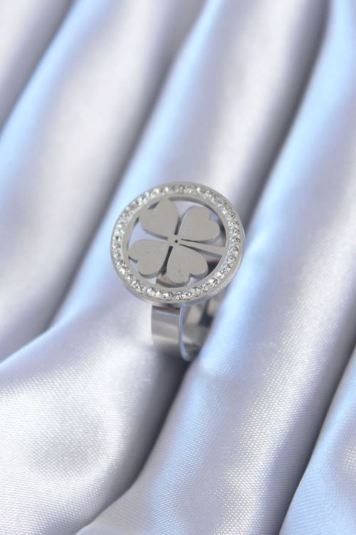 YRTCL 316L Çelik Gümüş Renk Zirkon Taşlı Yonca Model Kadın Yüzük