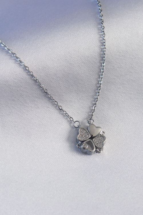 YRTCL 316L Çelik Gümüş Renk Açılır Zirkon Taşlı Yonca Model Kadın Kolye