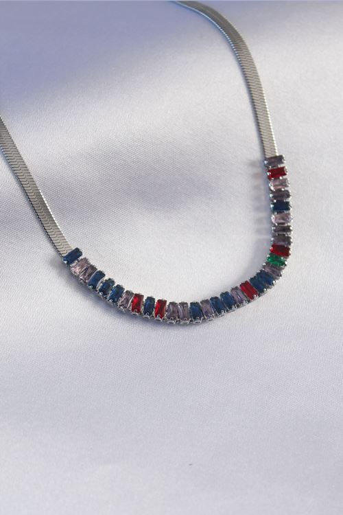 YRTCL 316L Çelik Gümüş Renk İtalyan Zincir Model Renkli Zirkon Taşlı Kadın Kolye