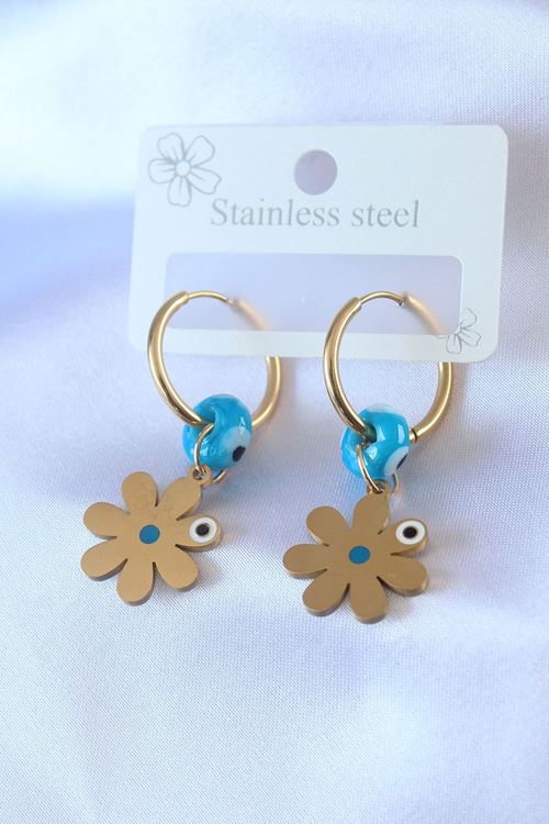 YRTCL 316L Çelik Gold Renk Çiçek Model Nazar Boncuk Detay Kadın Küpe